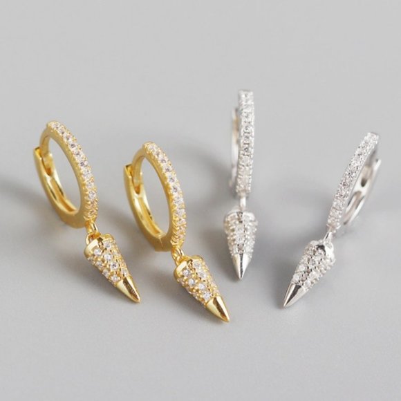 *NEW 925 Sterling Silver Diamond Spike Huggie Hoop - Picture 1 of 7